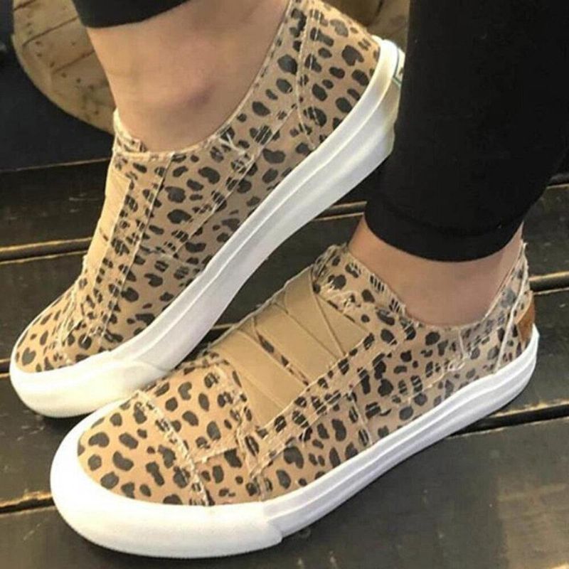 Woemn Leopard Printing Elastiskt Band Casual Canvas Flat Skor