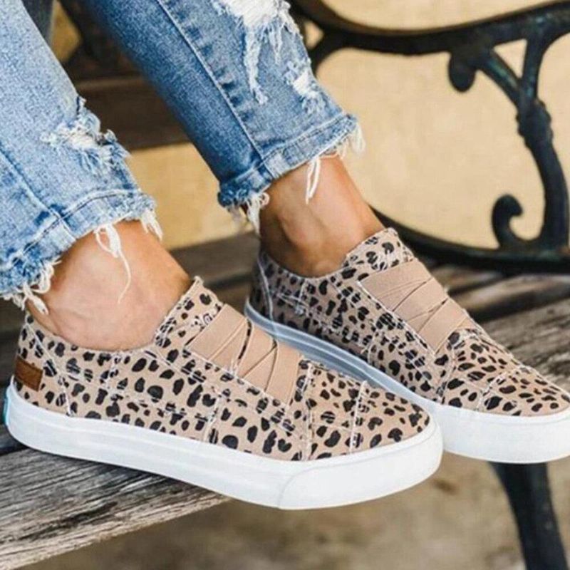 Woemn Leopard Printing Elastiskt Band Casual Canvas Flat Skor