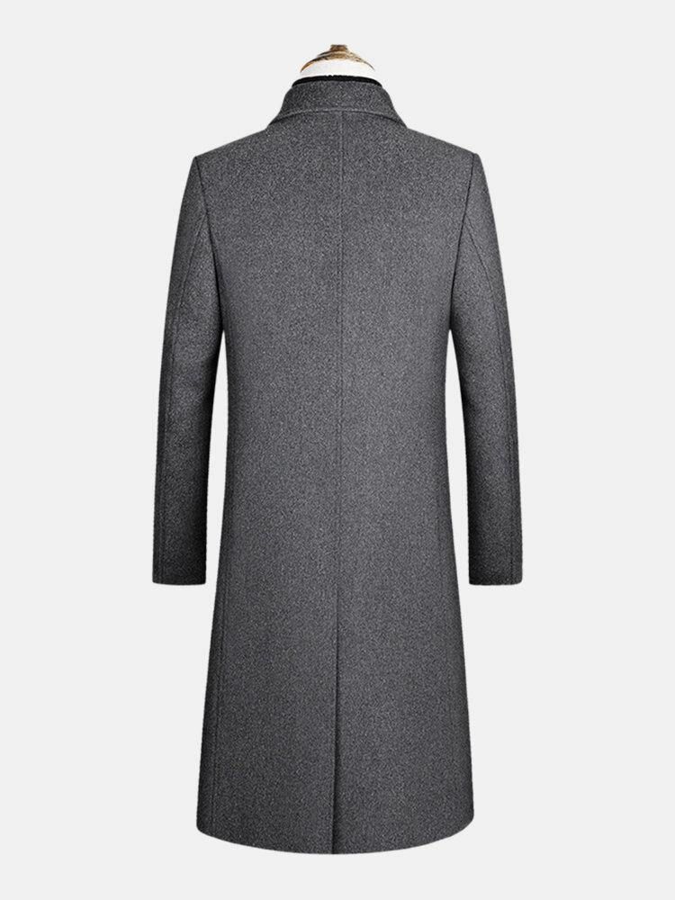 Enkelknäppt Platt Krage I Ylle För Män Casual Långa Trenchcoats Med Klaffficka