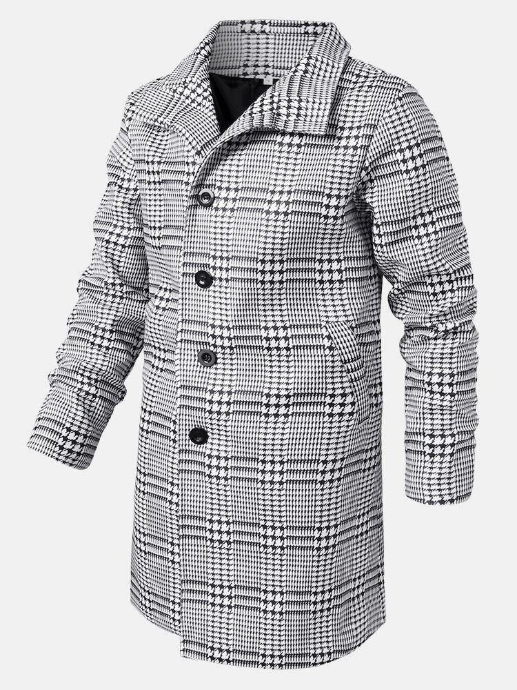 Houndstooth-Slagslag För Män Enkelknäppt Mellanlånga Trenchcoats