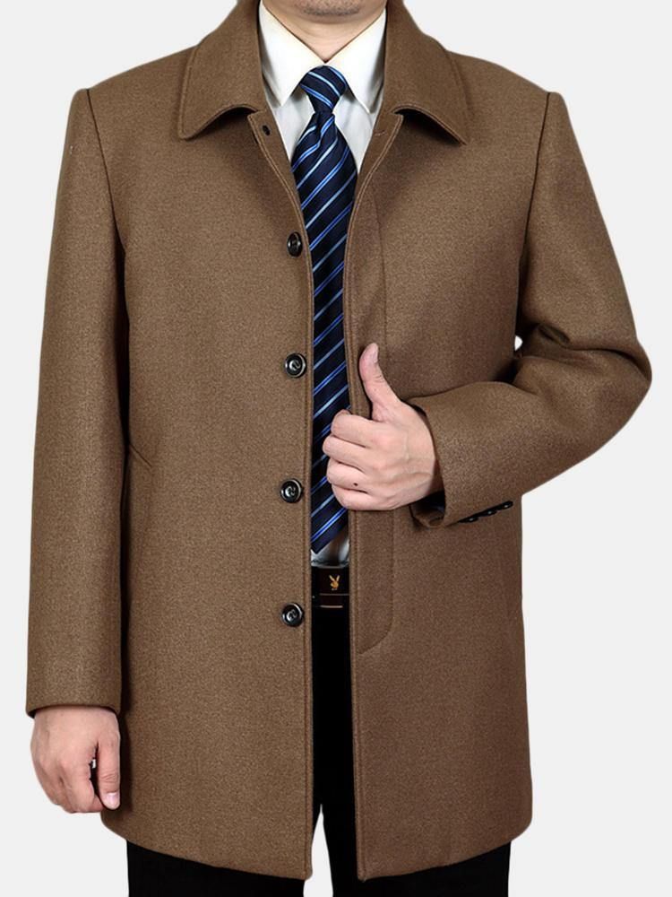 Mellanlånga Business Trench Coat För Män I Enfärgad Casual Woolen Coat