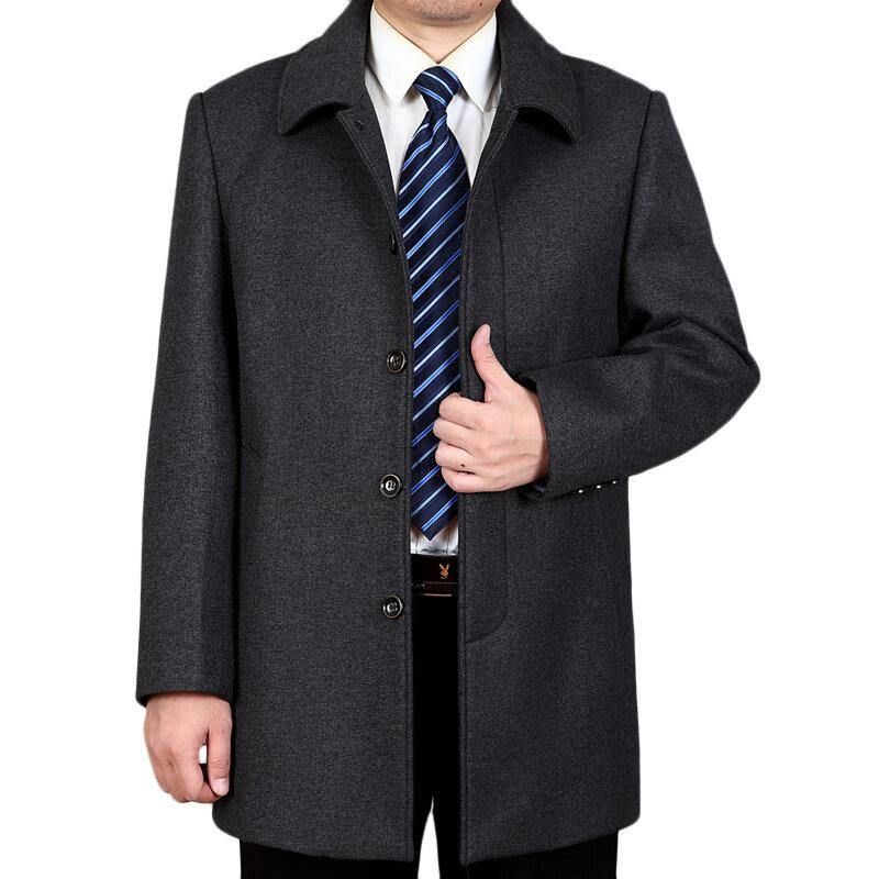 Mellanlånga Business Trench Coat För Män I Enfärgad Casual Woolen Coat