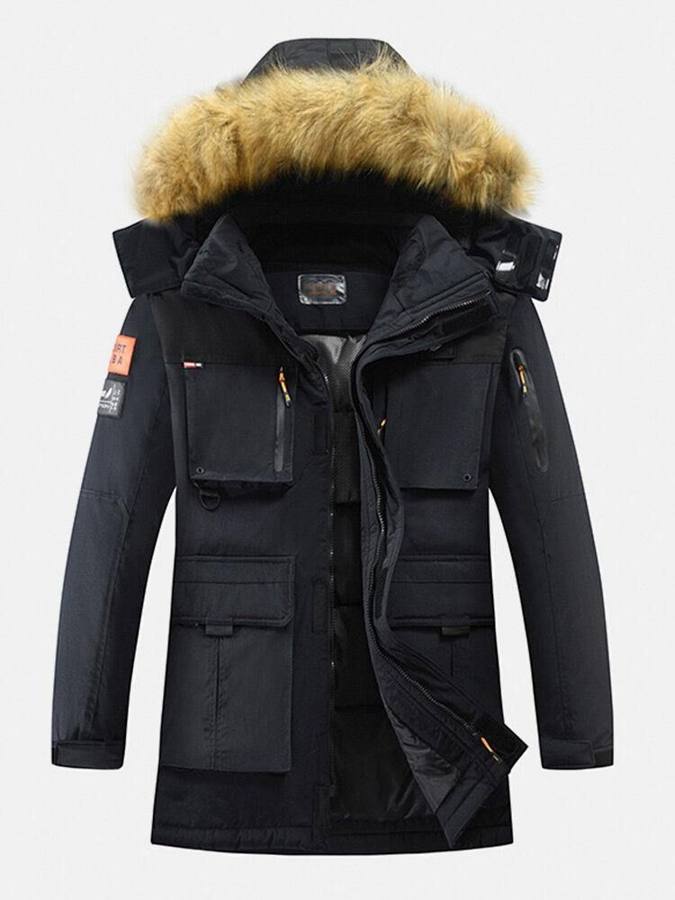 Herr Winter Thicken Multi-Pocket Zipper Fur Hooded Warm Down Coat