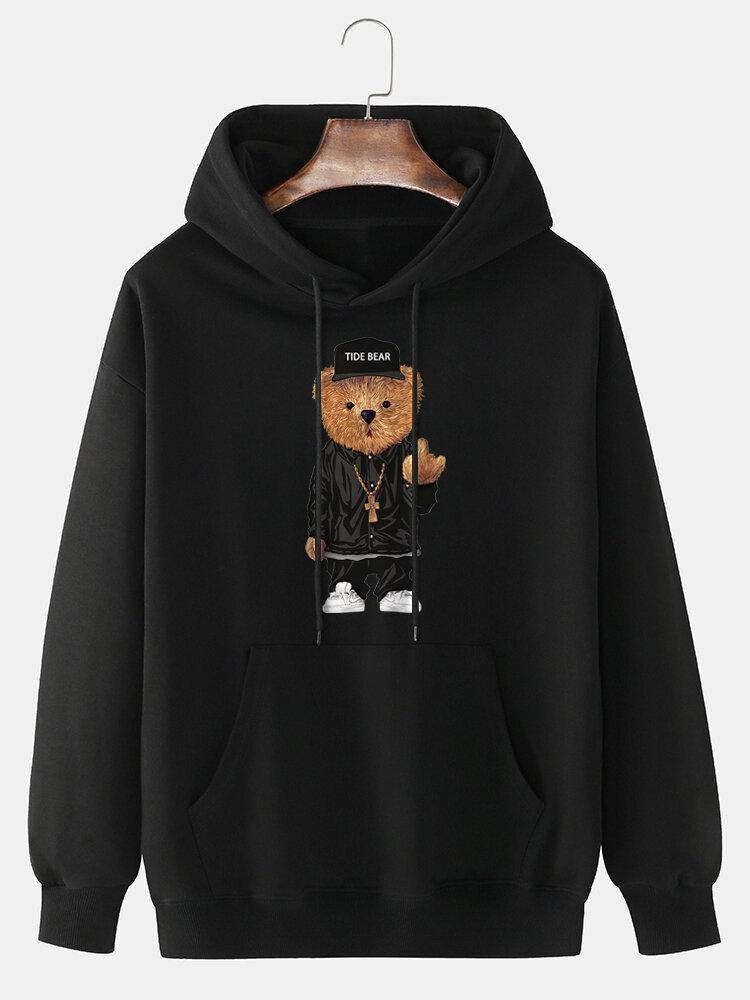 Herr 100 % Bomull Tecknad Bear Print Drop Shoulder Hoodies Med Dragsko