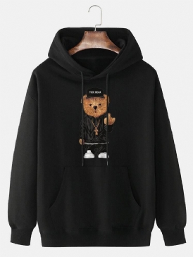 Herr 100 % Bomull Tecknad Bear Print Drop Shoulder Hoodies Med Dragsko