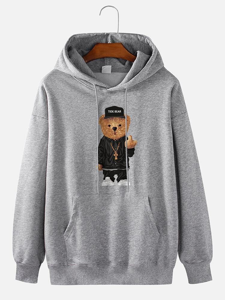 Herr 100 % Bomull Tecknad Bear Print Drop Shoulder Hoodies Med Dragsko