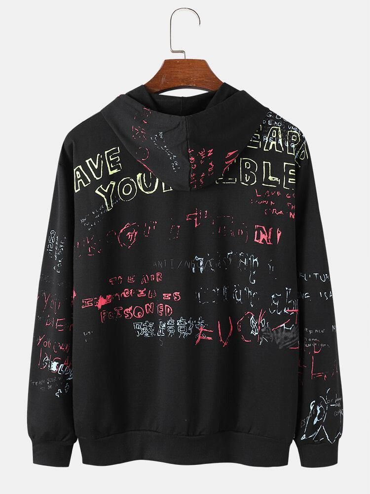 Herr All Over Letter Print 100 % Bomull Street Hoodies Med Dragsko