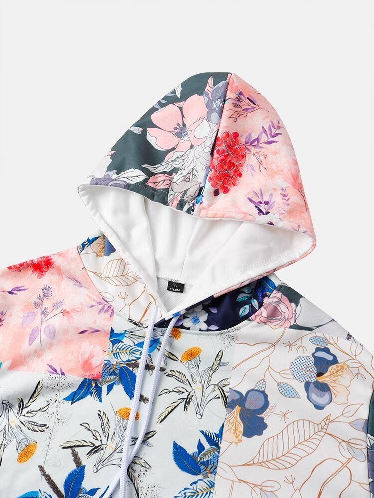 Herr Färgblock Med Blommigt Tryck Kangaroo Pocket Drawsrting Hoodies