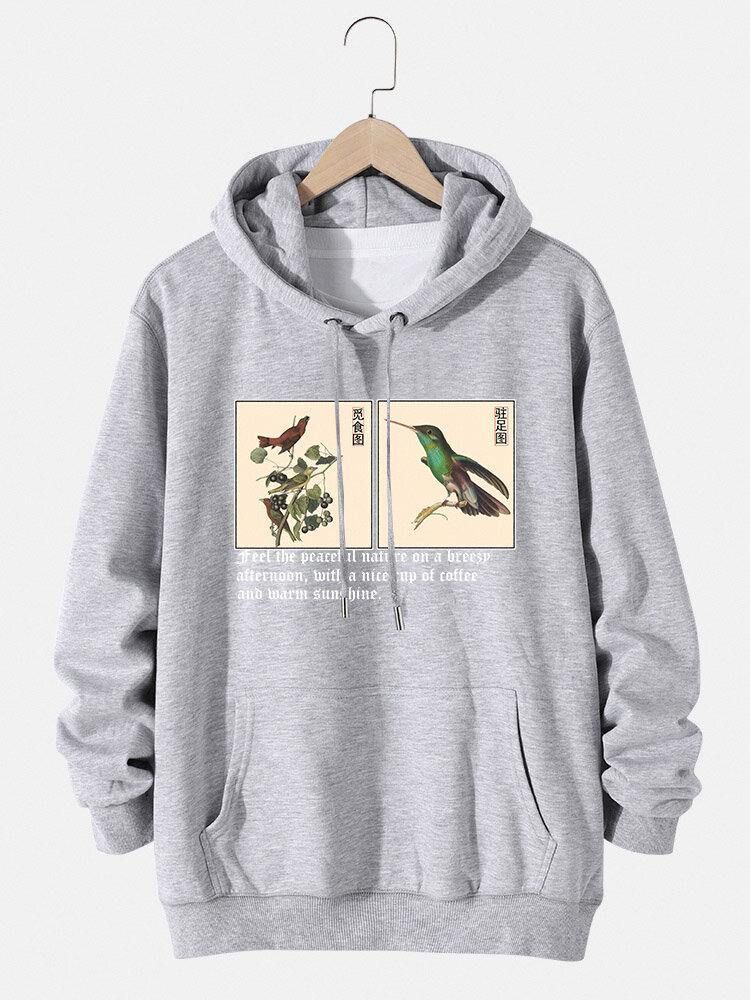 Herr Fågel Kinesisk Målning Text Print Bomull Dragsko Hoodies