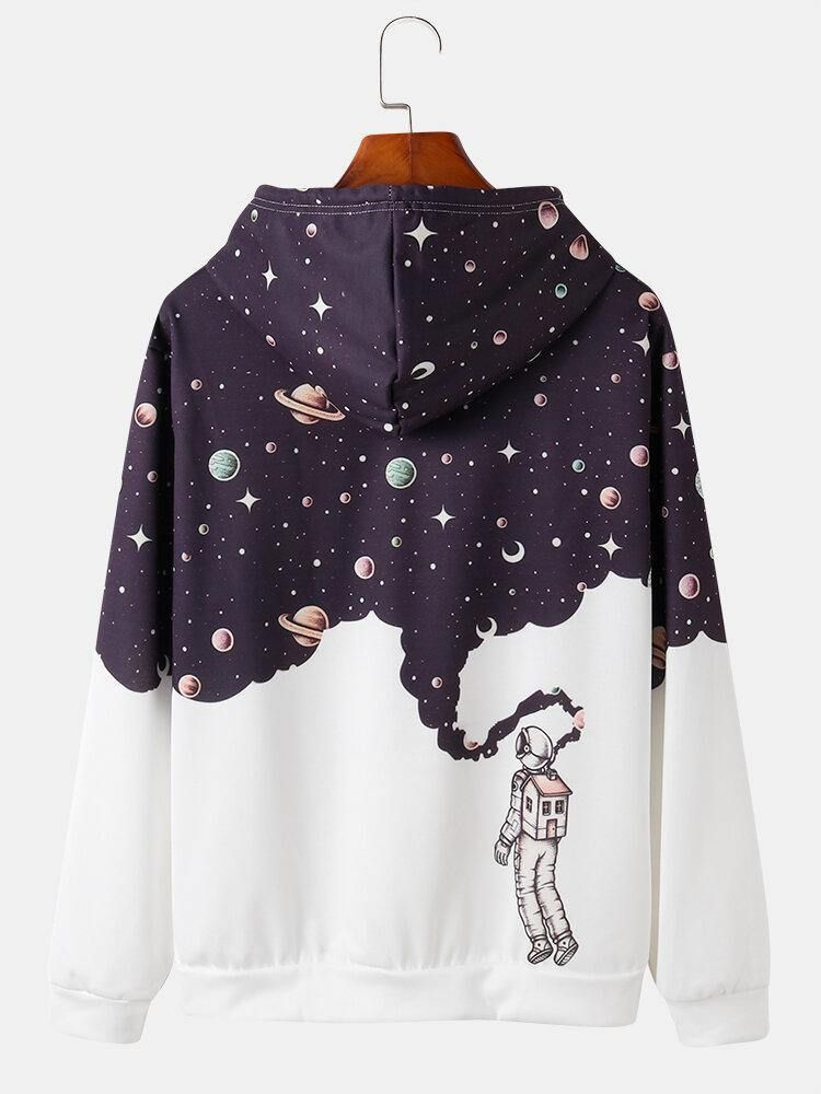 Herrdesign Astronaut Galaxy Print Långärmade Huvtröjor Med Ficka