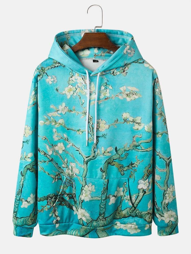 Herrväxter Med Blommigt Tryck Kangaroo Pocket Hoodies Med Dragsko