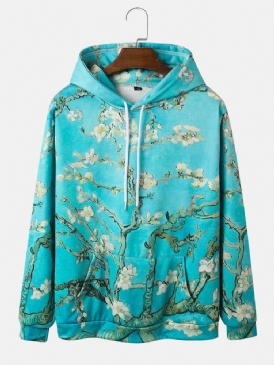 Herrväxter Med Blommigt Tryck Kangaroo Pocket Hoodies Med Dragsko