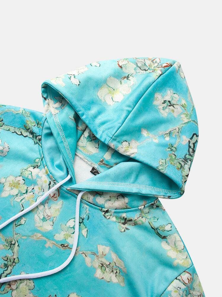 Herrväxter Med Blommigt Tryck Kangaroo Pocket Hoodies Med Dragsko