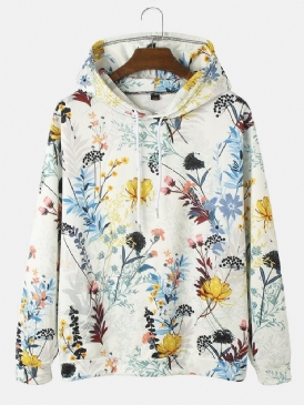 Herrväxter Med Blommönster Kangaroo Pocket Street Hoodies Med Dragsko