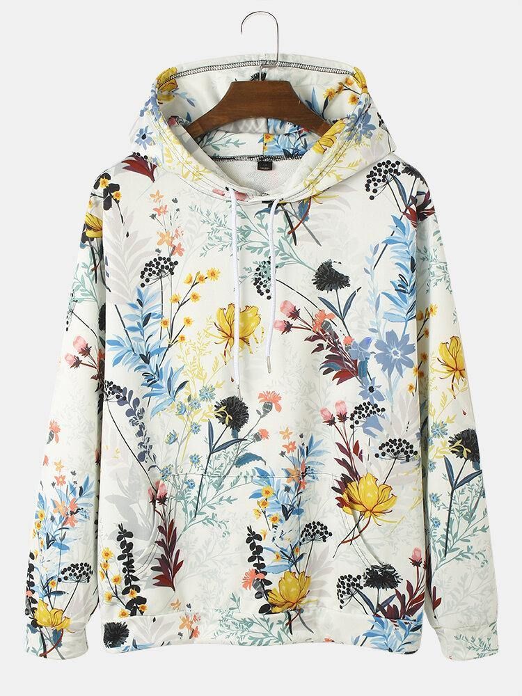 Herrväxter Med Blommönster Kangaroo Pocket Street Hoodies Med Dragsko