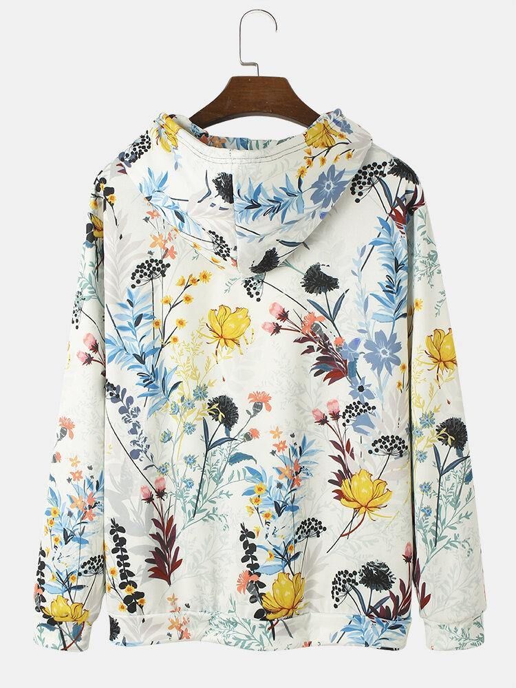 Herrväxter Med Blommönster Kangaroo Pocket Street Hoodies Med Dragsko