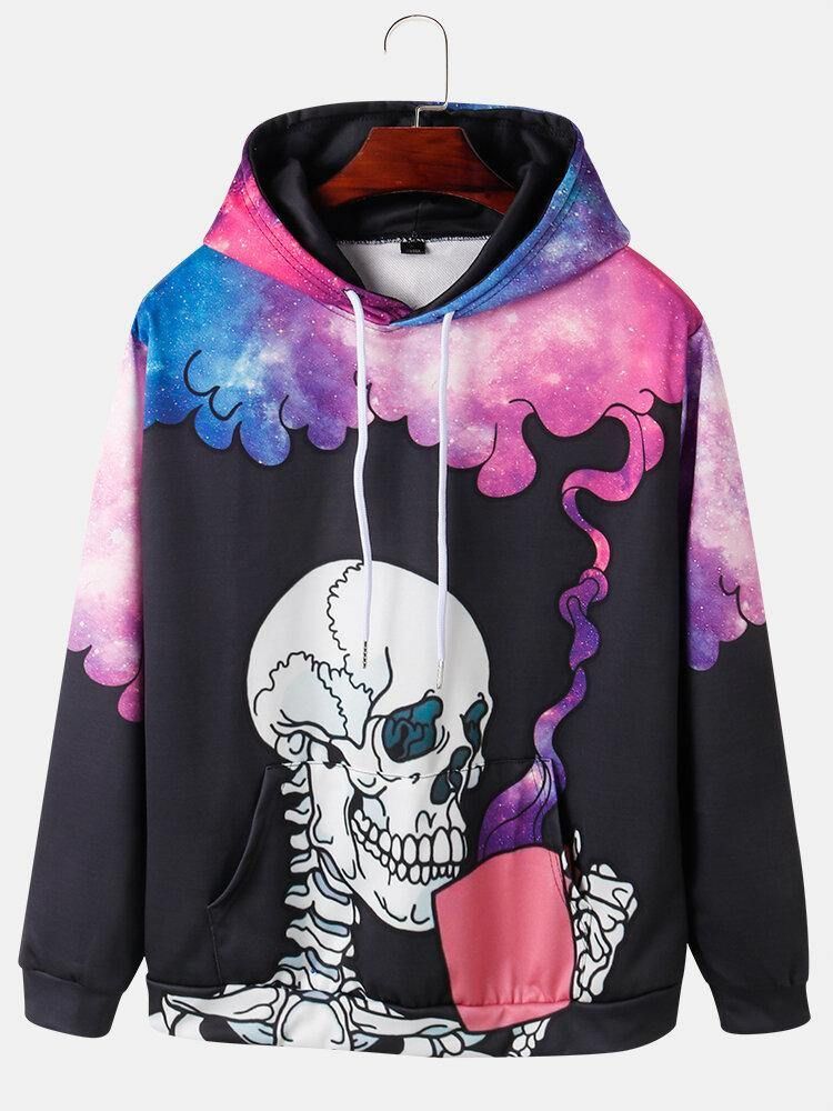 Långärmade Street Hoodies För Män Med Stjärnhimmel Och Skeletttryck