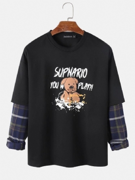 Män Letter & Cartoon Dog Print Drop Shoulder Patchwork Plädade Tröjor