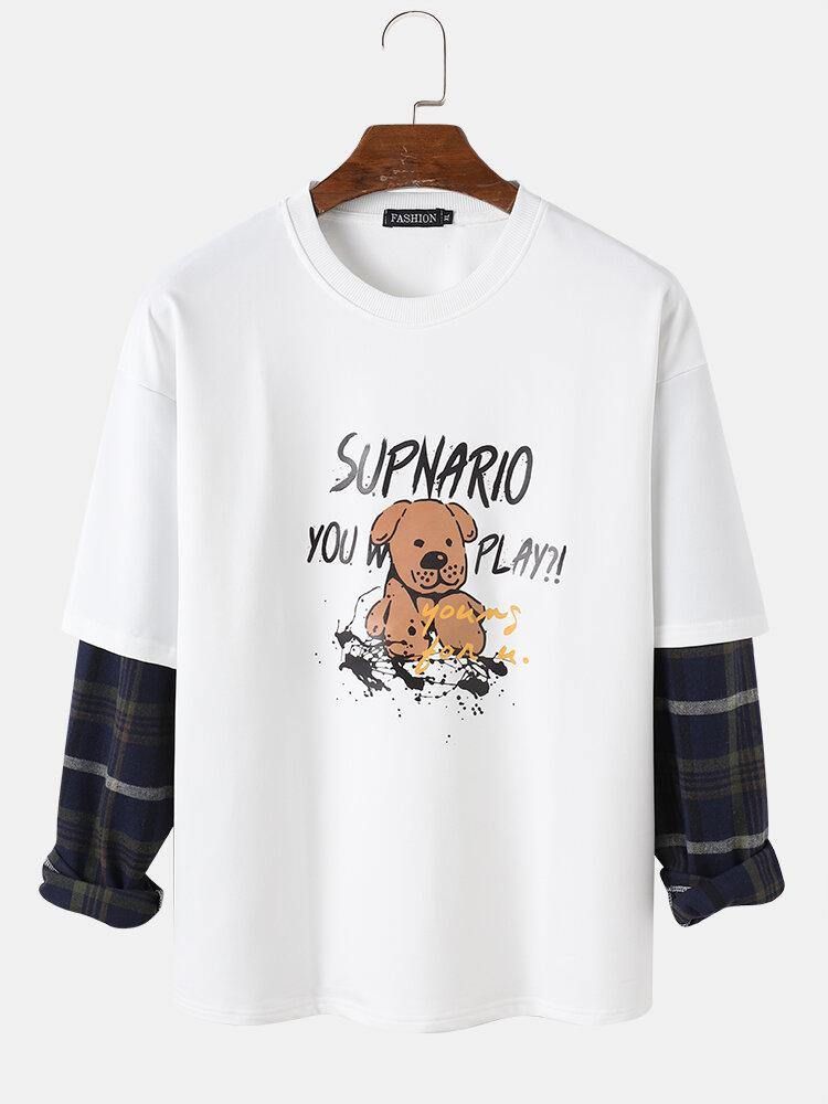 Män Letter & Cartoon Dog Print Drop Shoulder Patchwork Plädade Tröjor