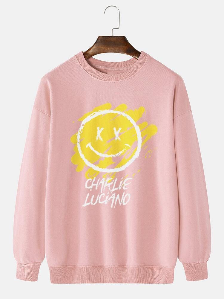 Män Letter & Graffiti Smile Print Pullover Långärmad Bomullströja