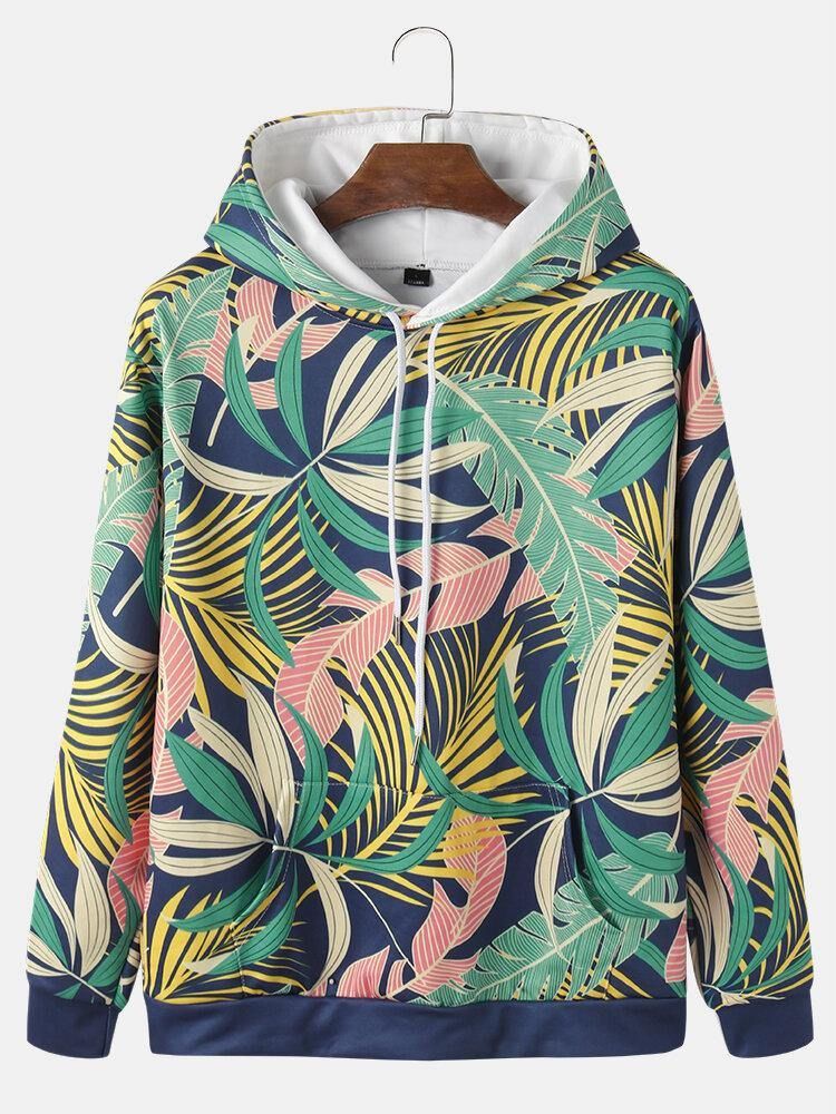 Mäns All Over Plant Leaf Print Hoodies Med Dragsko Med Ficka