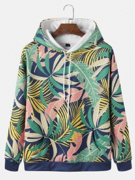 Mäns All Over Plant Leaf Print Hoodies Med Dragsko Med Ficka