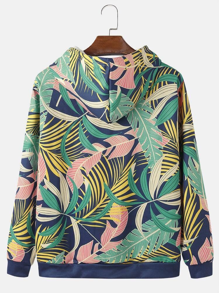 Mäns All Over Plant Leaf Print Hoodies Med Dragsko Med Ficka