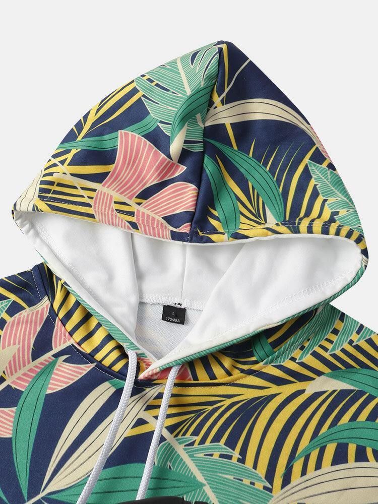 Mäns All Over Plant Leaf Print Hoodies Med Dragsko Med Ficka