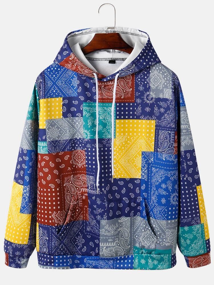 Paisleytryck För Män Colorblock Kangaroo Pocket Hoodies