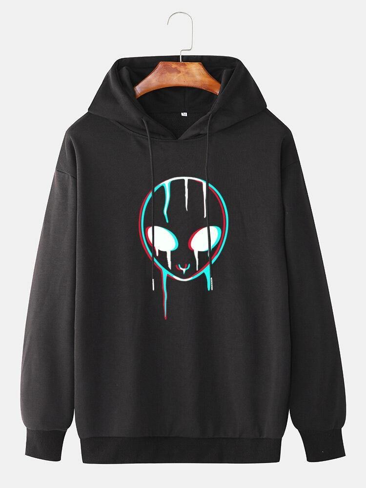 Reflekterande Främlingstryck För Män Casual Pullover Hoodie Med Dragsko