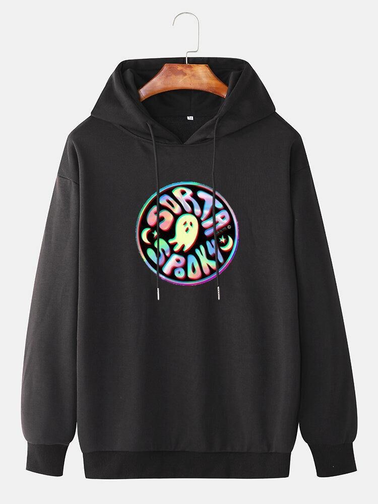 Reflekterande Spöktryck För Män Street Style Pullover Hoodie Med Dragsko