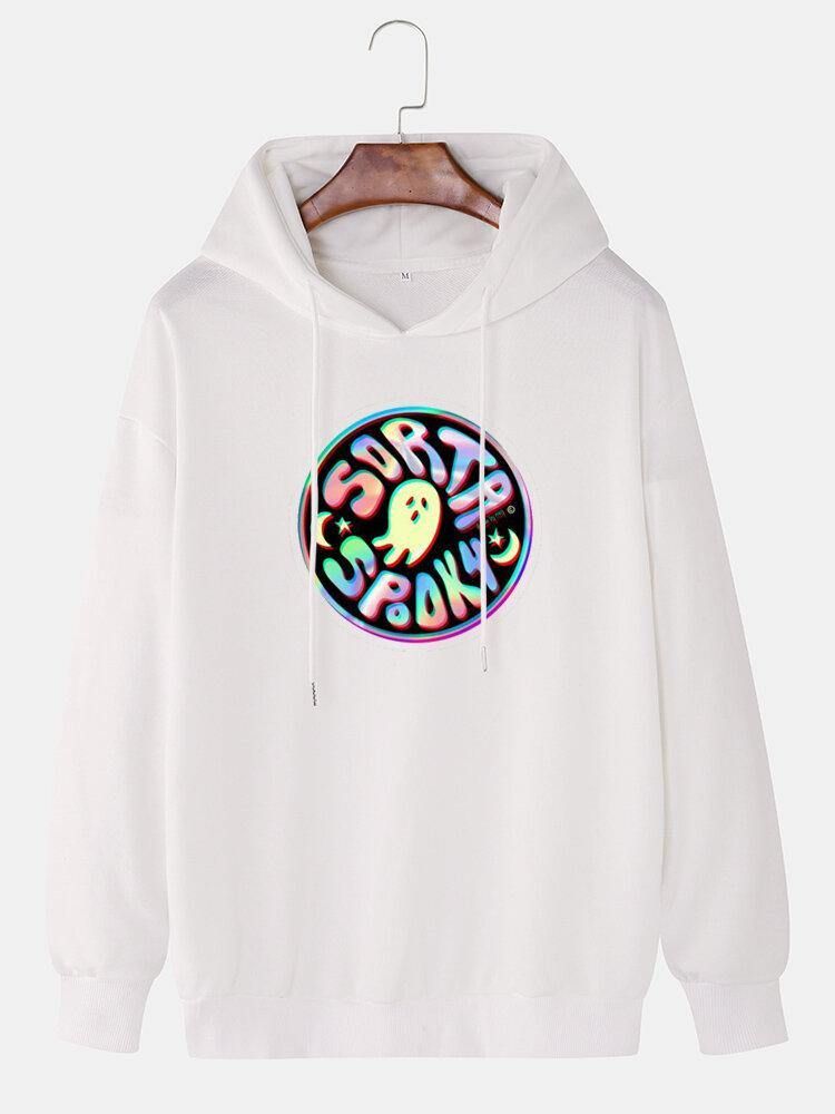 Reflekterande Spöktryck För Män Street Style Pullover Hoodie Med Dragsko