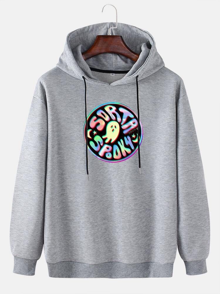 Reflekterande Spöktryck För Män Street Style Pullover Hoodie Med Dragsko