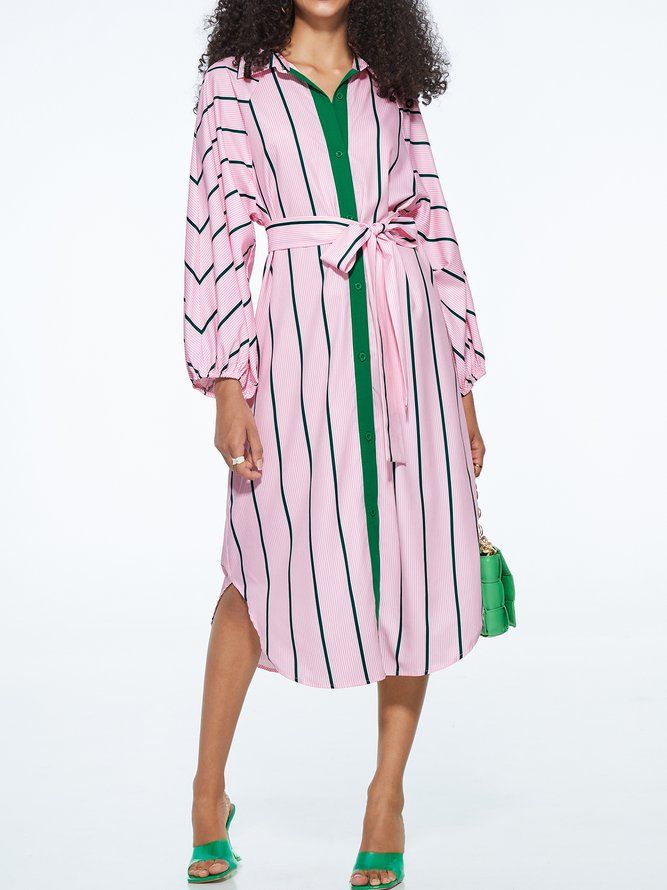 Elegant Loosen Shirt Krage Randig Color Block Dress