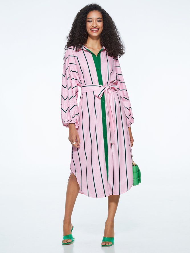 Elegant Loosen Shirt Krage Randig Color Block Dress