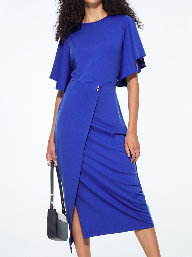 Frill Sleeve Plain Elegant Midi-Klänning