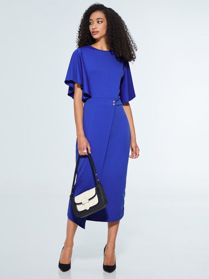 Frill Sleeve Plain Elegant Midi-Klänning