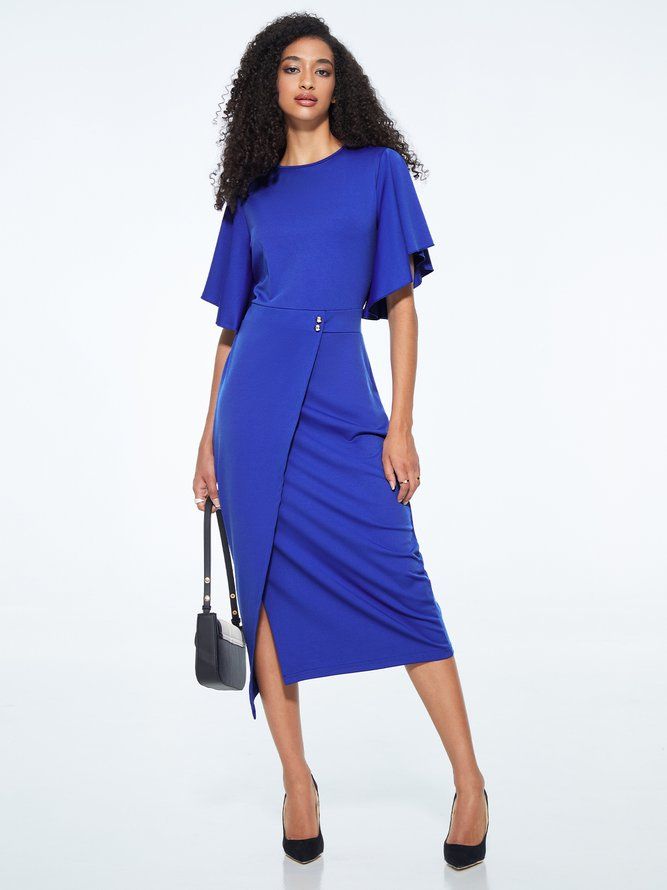 Frill Sleeve Plain Elegant Midi-Klänning