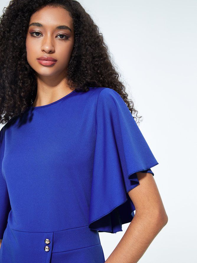 Frill Sleeve Plain Elegant Midi-Klänning