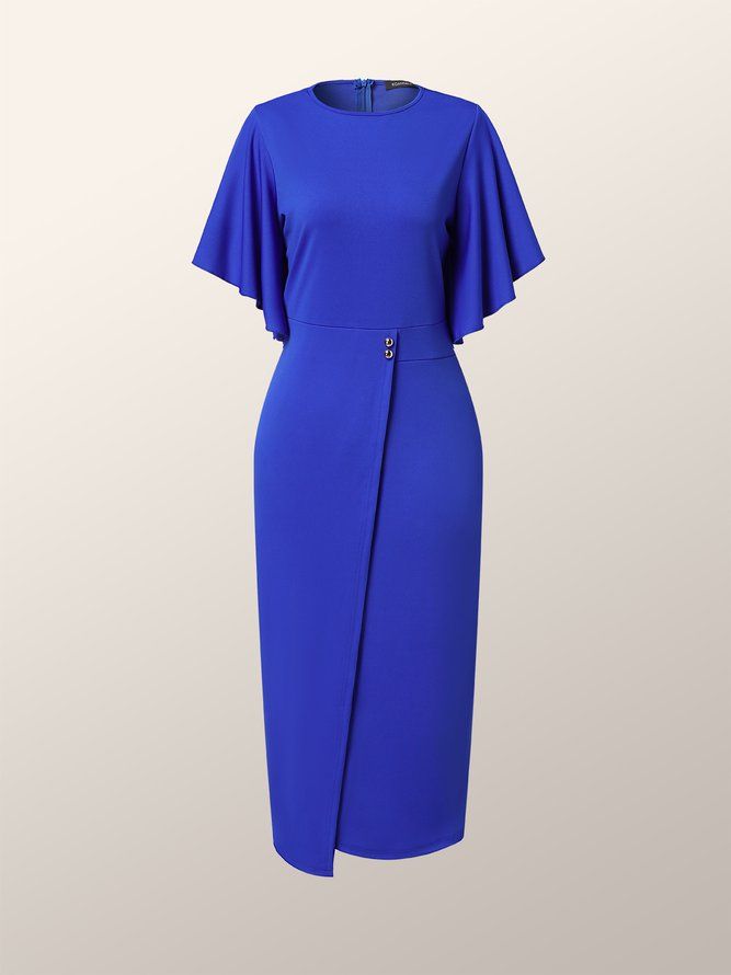 Frill Sleeve Plain Elegant Midi-Klänning