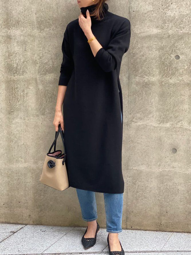 High Neck Casual Loosen Midi-Klänning