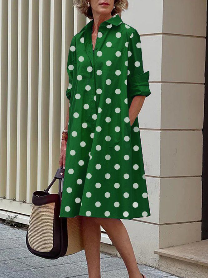 Långärmad Polka Dots Regular Fit Shirt Collar Dress