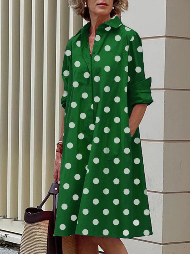 Långärmad Polka Dots Regular Fit Shirt Collar Dress