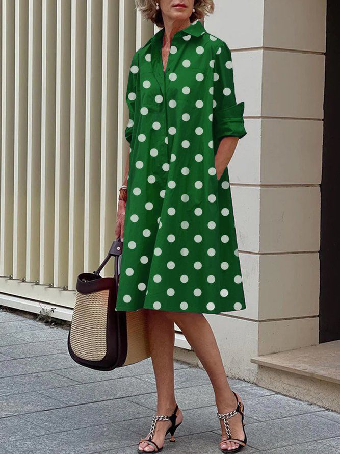 Långärmad Polka Dots Regular Fit Shirt Collar Dress