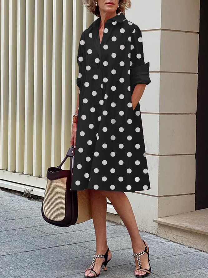 Långärmad Polka Dots Regular Fit Shirt Collar Dress