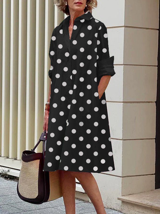 Långärmad Polka Dots Regular Fit Shirt Collar Dress