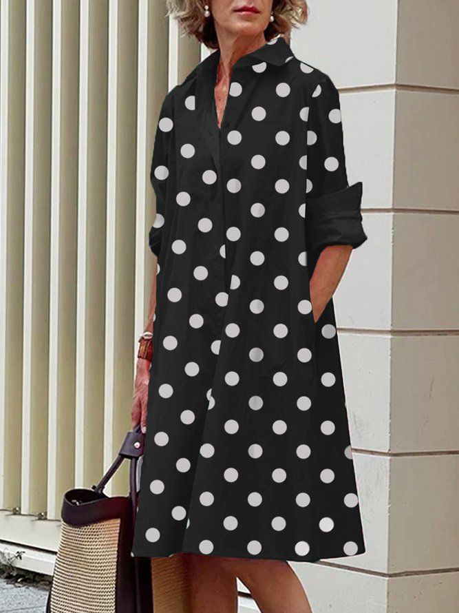 Långärmad Polka Dots Regular Fit Shirt Collar Dress