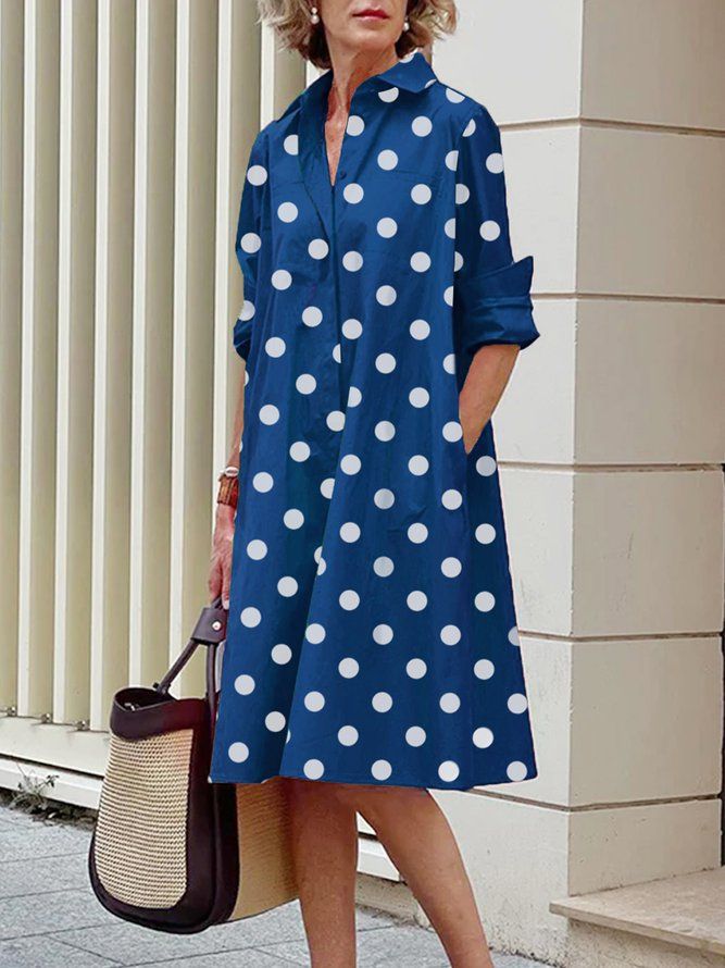 Långärmad Polka Dots Regular Fit Shirt Collar Dress