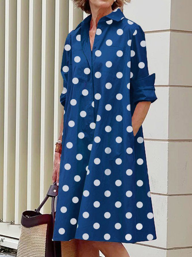 Långärmad Polka Dots Regular Fit Shirt Collar Dress