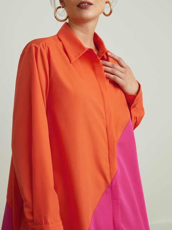 Midi Långärmad Regular Fit Color Block Shirt Collar Dress